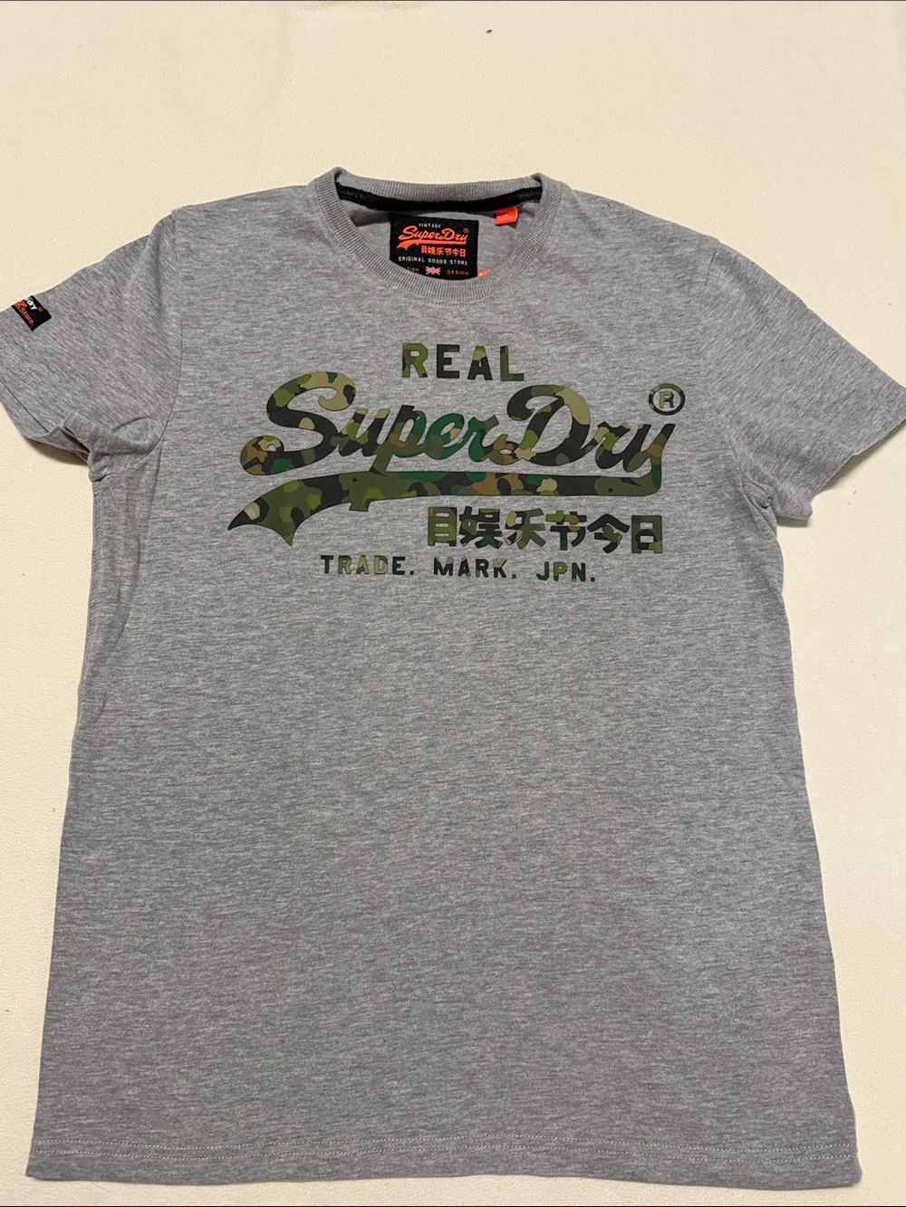 Superdry Women's Light Grey Tee with Green Camo Logo